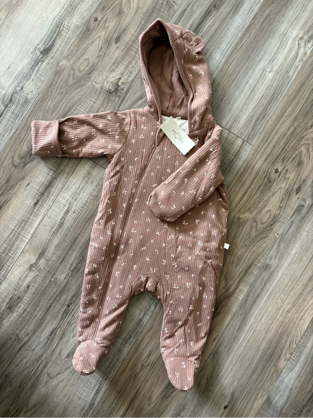MOR Mauve Hooded Ribbed Baby One-Piece with Tiny Floral Print
